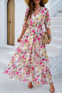 Devine Printed Tied Half Sleeve Slit Dress Trandify deal