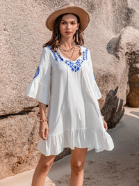 Printed Tie Neck Flounce Sleeve Mini Dress Trandify deal