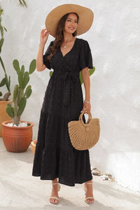 Swiss Dot Tied Surplice Short Sleeve Dress Trandify deal