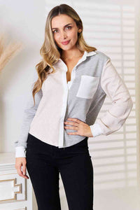 Double Take Color Block Curved Hem Shirt Trandify deal