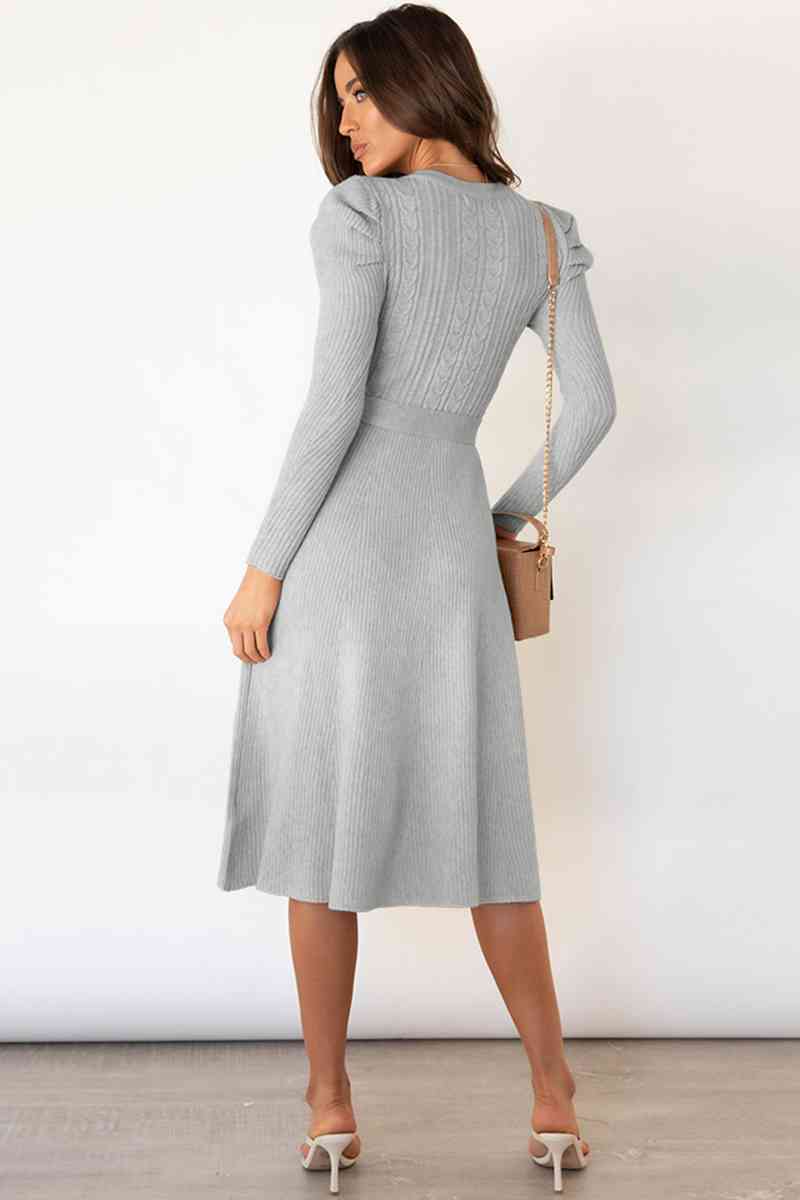 Round Neck Long Sleeve Tie Waist Sweater Dress Trandify deal