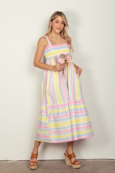 VERY J Striped Woven Smocked Midi Cami Dress Trandify deal