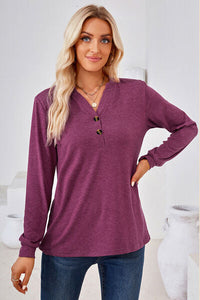 Notched Button Detail Long Sleeve T-Shirt Trandify deal
