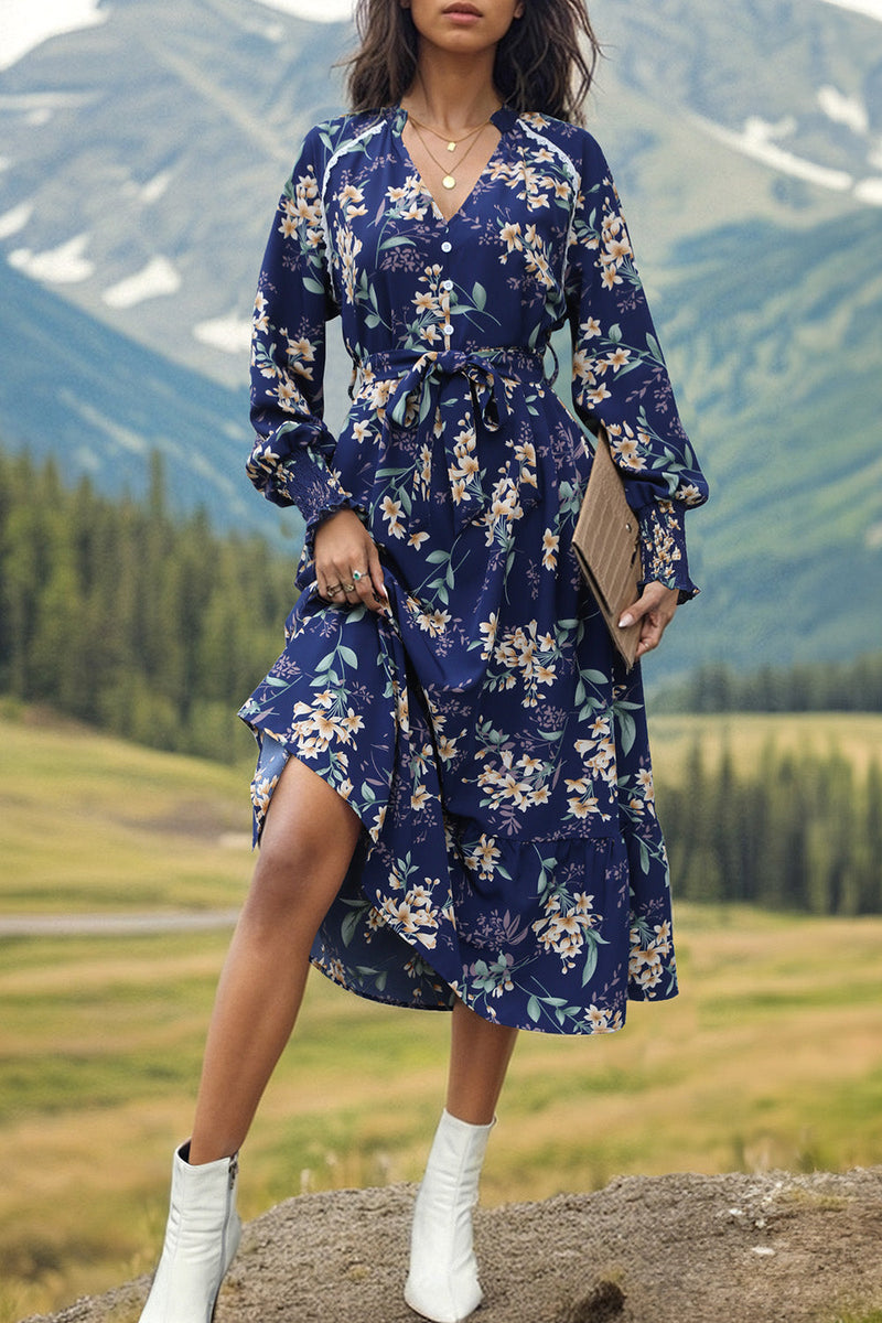 Perfee Printed Notched Lantern Sleeve Midi Dress Trandify deal