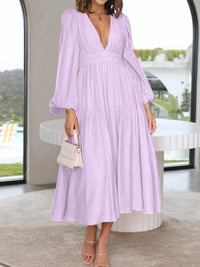 Deep V-Neck Balloon Sleeve Plain Maxi Dress Trandify deal