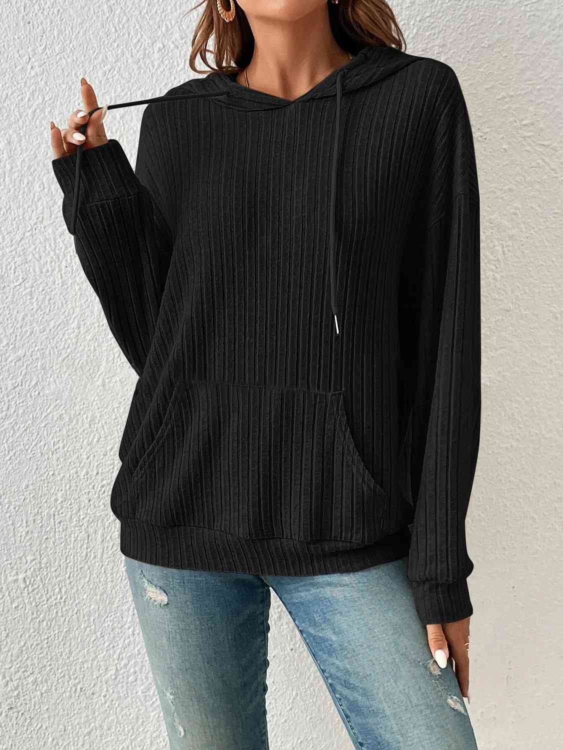 Ribbed Dropped Shoulder Drawstring Hoodie Trandify deal