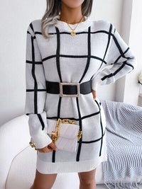 Plaid Round Neck Dropped Shoulder Sweater Dress Trandify deal
