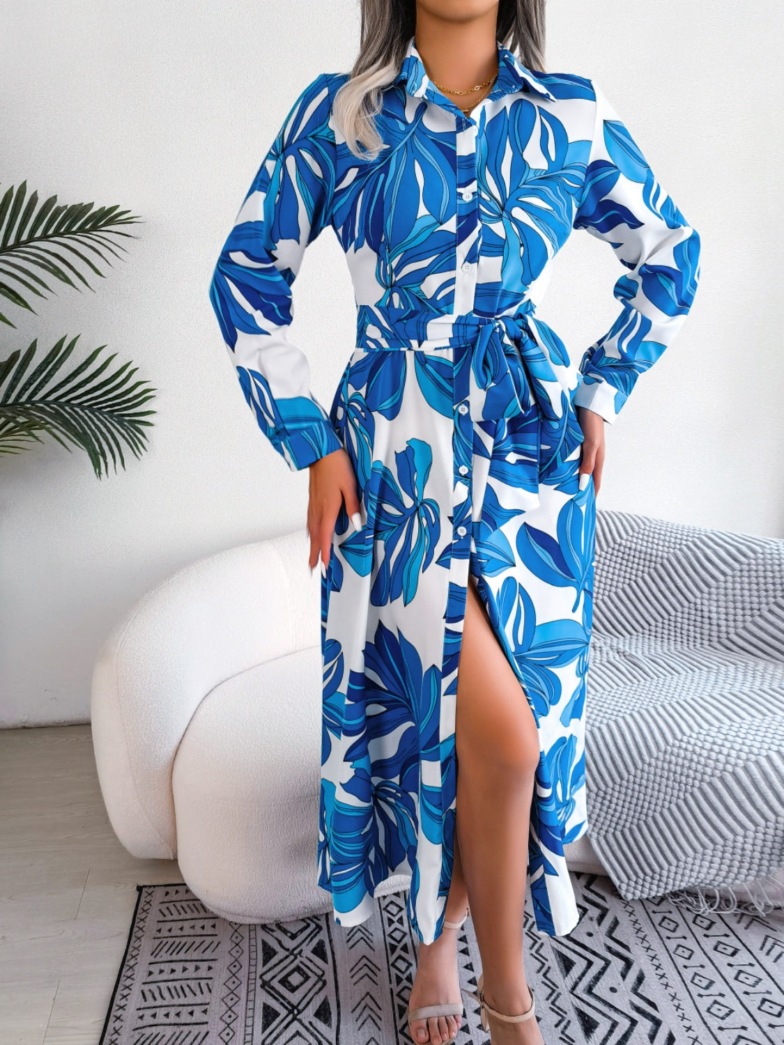 Tied Button Up Long Sleeve Dress Trendsi