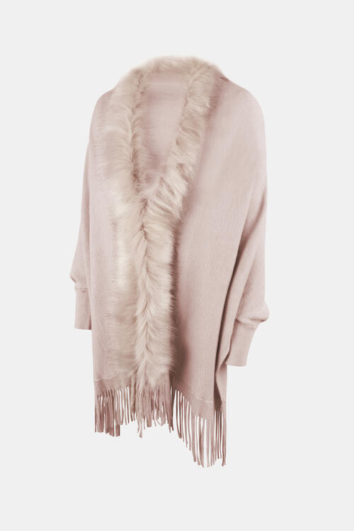 Fringe Open Front Long Sleeve Poncho Trandify deal