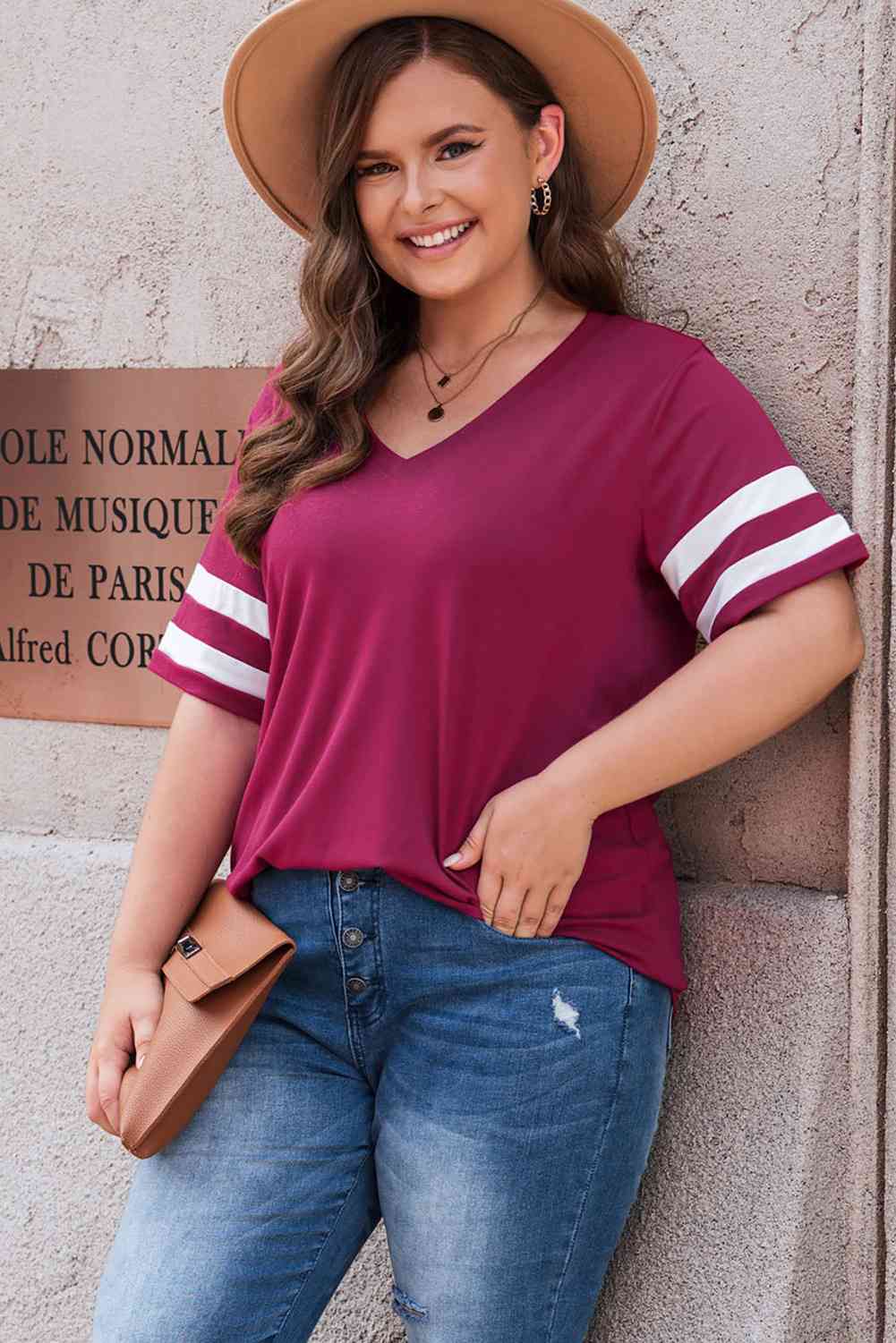 Plus Size Striped V-Neck Tee Shirt Trandify deal