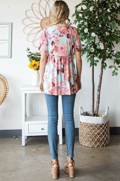 Heimish Full Size Floral V-Neck Short Sleeve Babydoll Blouse Trandify deal