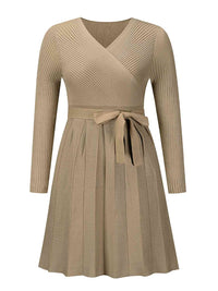 Surplice Neck Tie Front Pleated Sweater Dress Trandify deal