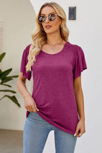 Smocked Round Neck Flutter Sleeve T-Shirt Trandify deal