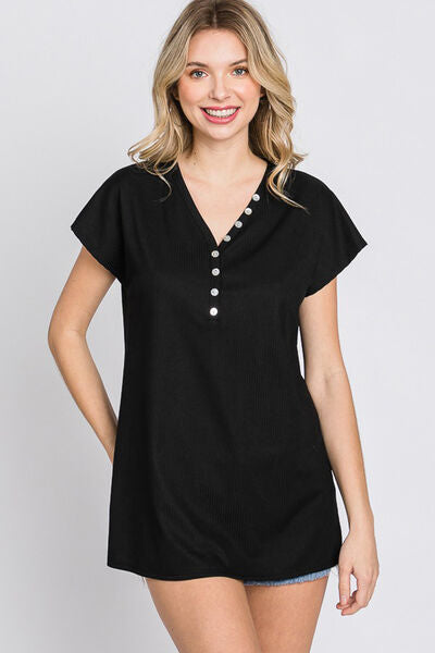 Heimish Full Size Front Button V-Neck Short Sleeve T-Shirt Trandify deal