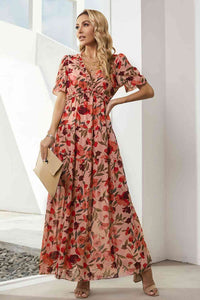 Floral V-Neck Short Flounce Sleeve Dress Trandify deal