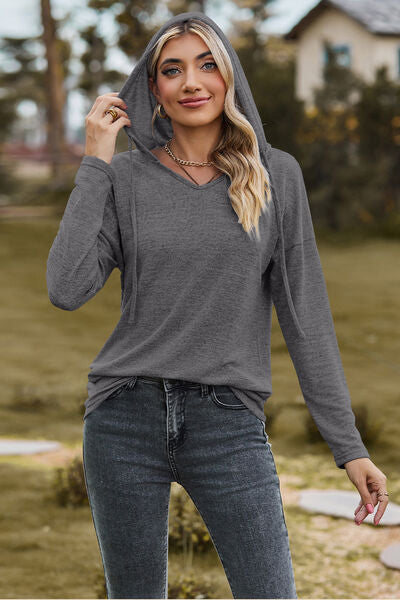 Drawstring Dropped Shoulder Hooded T-Shirt Trandify deal