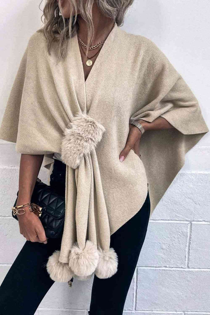 Surplice Neck Pom-Pom Trim Poncho in ivory - TrandifyDeal