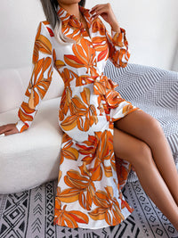 Tied Button Up Long Sleeve Dress Trendsi
