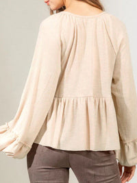 Notched Balloon Sleeve Peplum Blouse Trandify deal