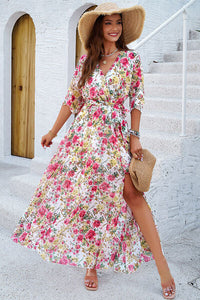 Devine Printed Tied Half Sleeve Slit Dress Trandify deal
