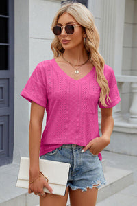 Eyelet V-Neck Short Sleeve T-Shirt Trandify deal