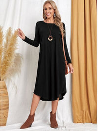 Pocketed Round Neck Long Sleeve Tee Dress Trandify deal
