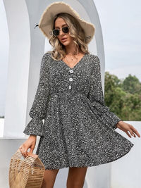 Ivy Lane Decorative Button V-Neck Flounce Sleeve Dress Trandify deal