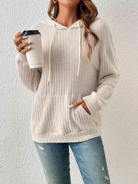 Ribbed Dropped Shoulder Drawstring Hoodie Trandify deal