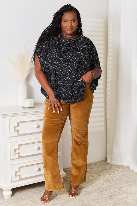 Double Take Printed Dolman Sleeve Round Neck Blouse Trandify deal