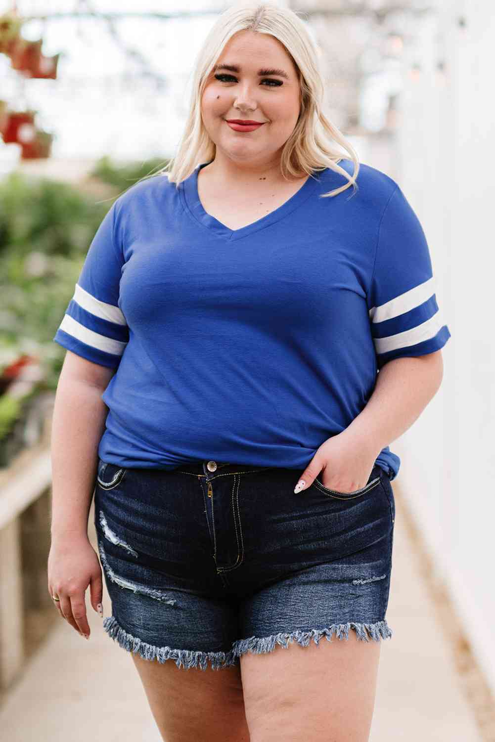 Plus Size Striped V-Neck Tee Shirt Trandify deal