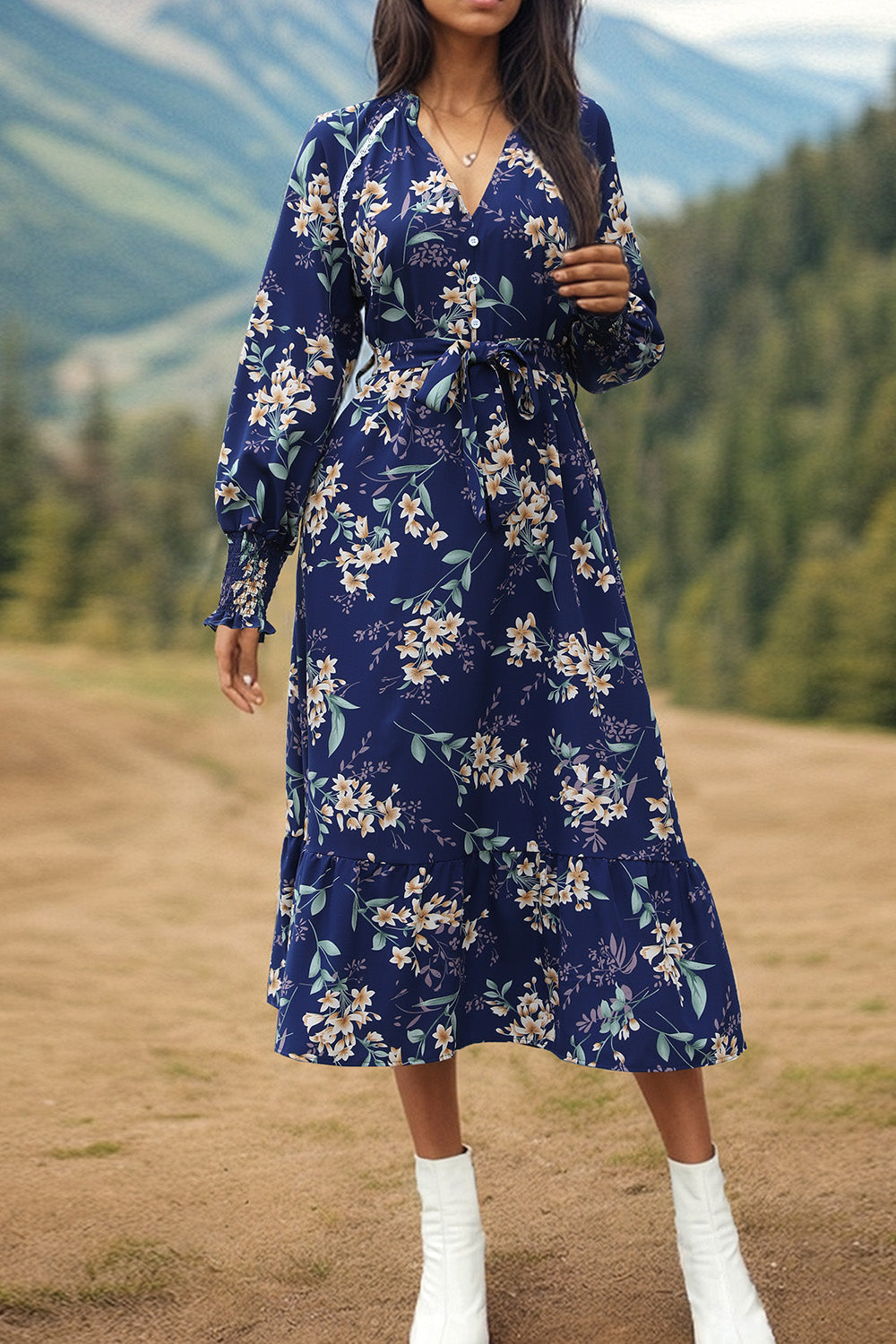 Perfee Printed Notched Lantern Sleeve Midi Dress Trandify deal