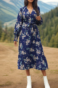 Perfee Printed Notched Lantern Sleeve Midi Dress Trandify deal