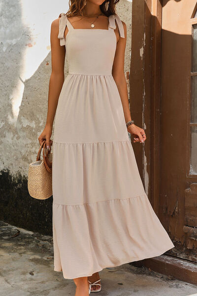 Tie Shoulder Smocked Tiered Dress Trandify deal