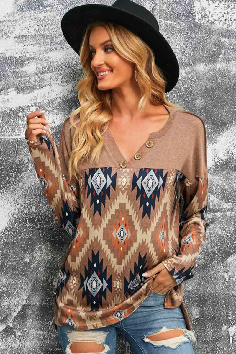 Brown Western Print Buttoned V Neck Top Trandify deal