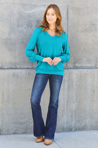 Basic Bae Full Size V-Neck Lantern Sleeve Blouse Trandify deal