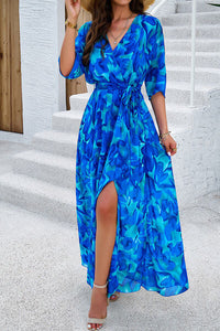Devine Printed Tied Half Sleeve Slit Dress Trandify deal