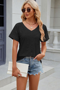 Eyelet V-Neck Short Sleeve T-Shirt Trandify deal
