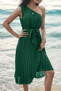 Perfee Pleated Single Shoulder Tie Waist Midi Dress Trandify deal