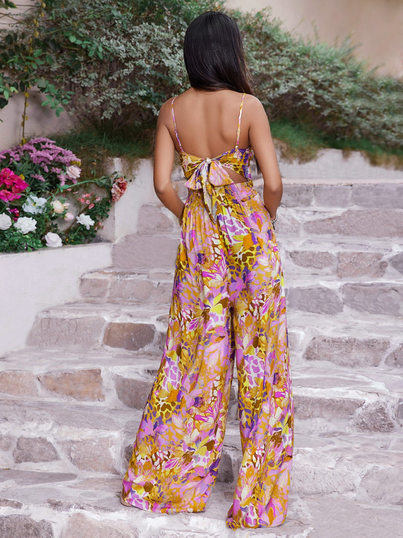 Cutout Printed Spaghetti Strap Jumpsuit Trandify deal