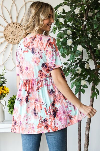 Heimish Full Size Floral V-Neck Short Sleeve Babydoll Blouse Trandify deal