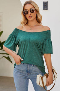 Smocked Round Neck Flutter Sleeve T-Shirt Trandify deal