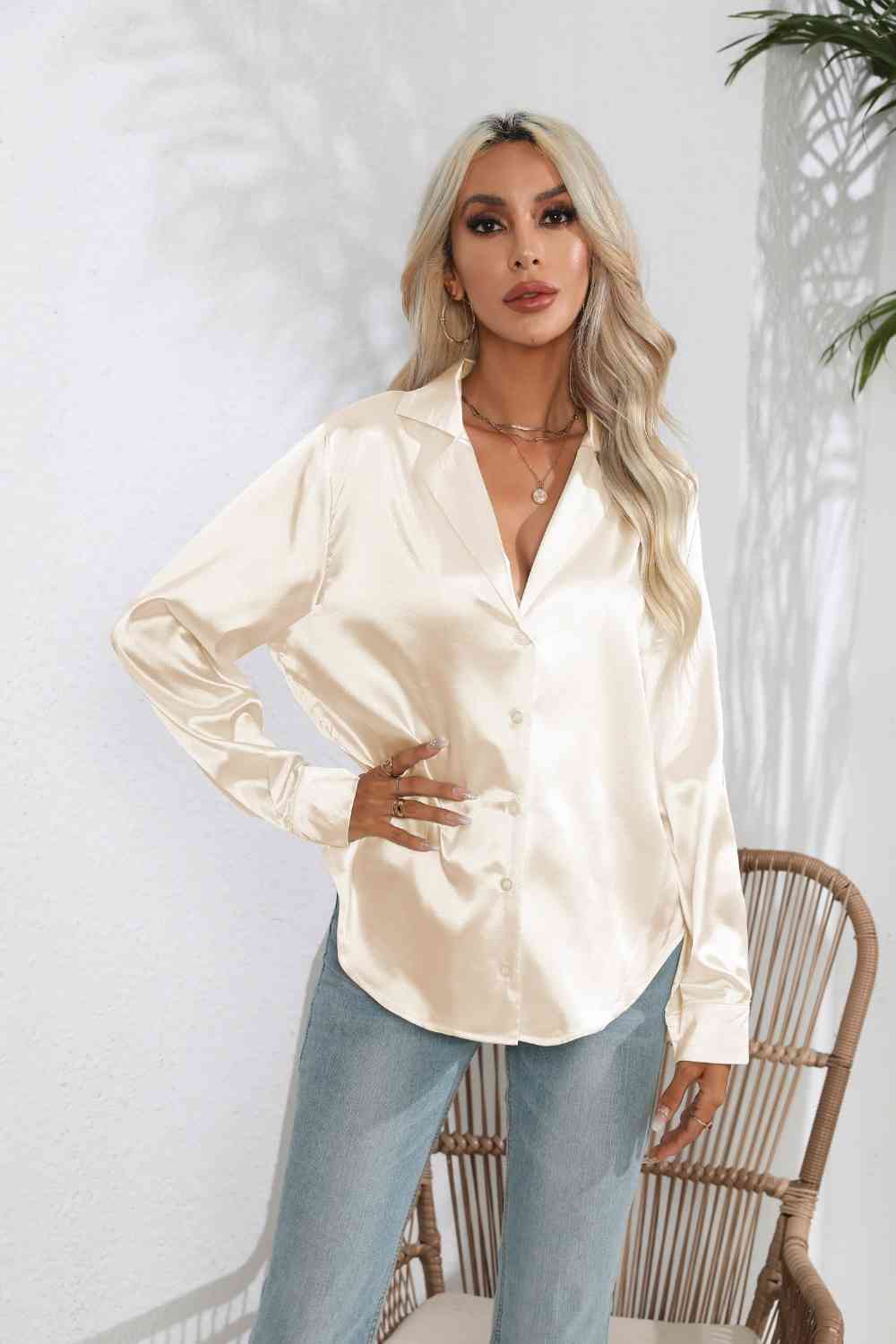 Lapel Collar Button Up Long Sleeve Shirt Trandify deal