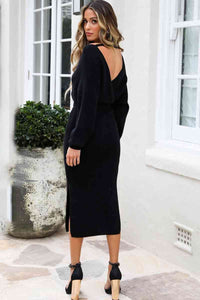 Surplice Neck Bow Waist Slit Sweater Dress Trandify deal