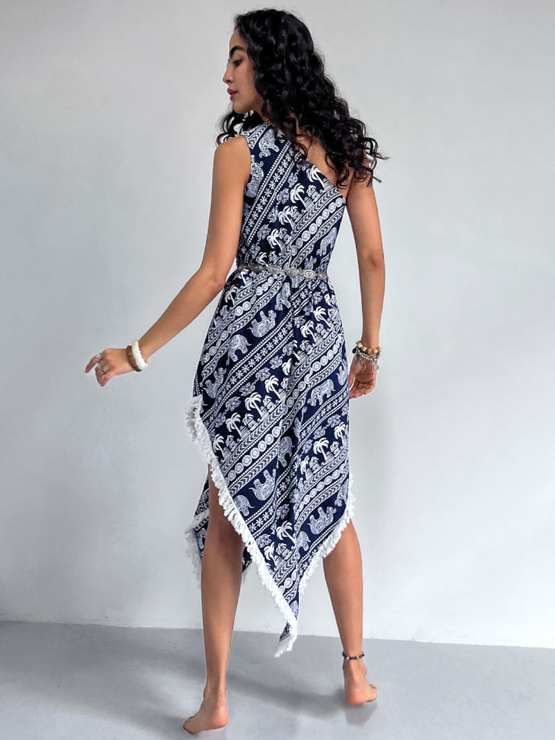 Fringe Printed Single Shoulder Dress Trandify deal