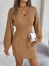 Cable-Knit Cutout Round Neck Slit Sweater dress Trandify deal
