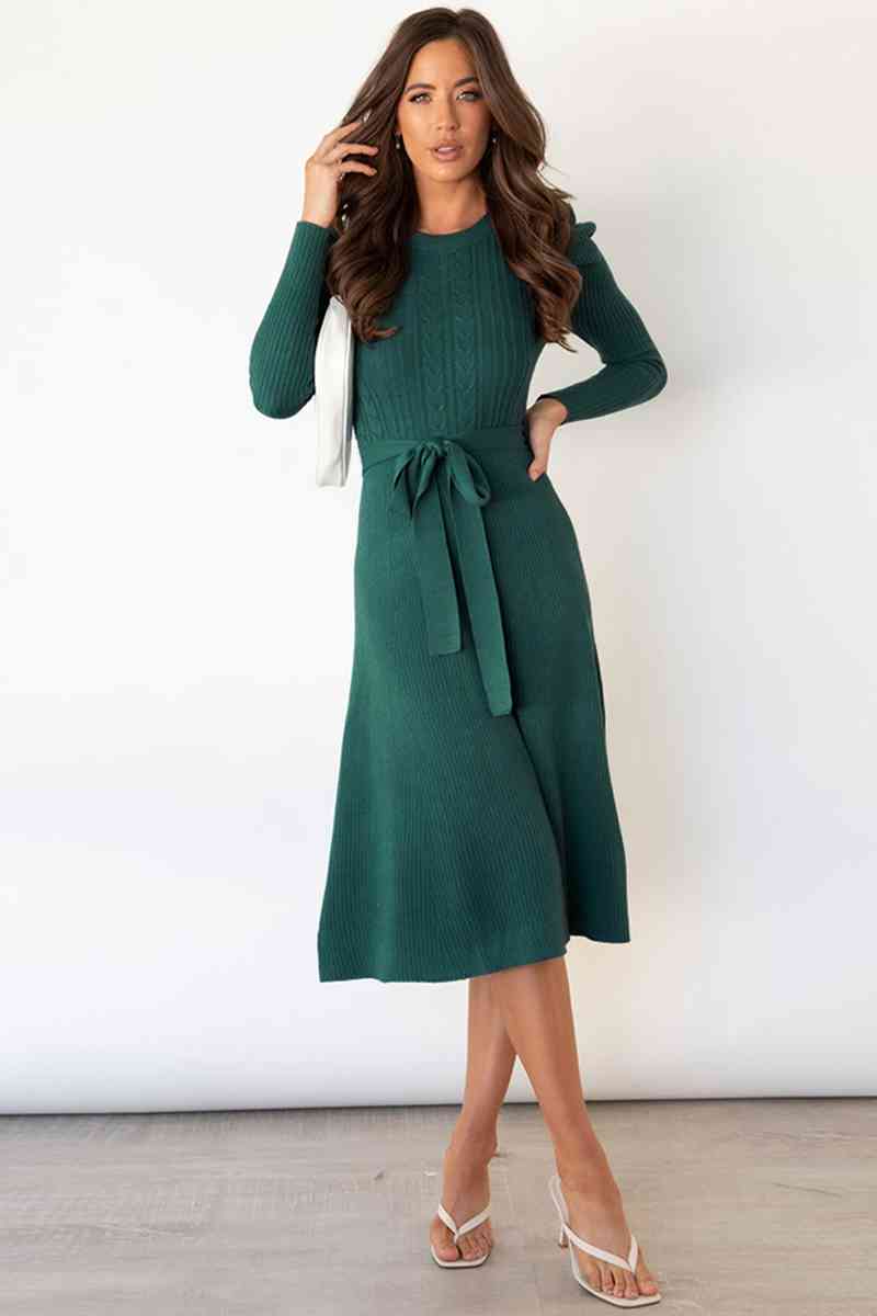 Round Neck Long Sleeve Tie Waist Sweater Dress Trandify deal