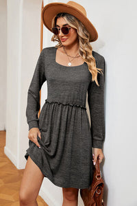 Frill Square Neck Long Sleeve Dress Trandify deal