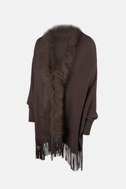 Fringe Open Front Long Sleeve Poncho Trandify deal