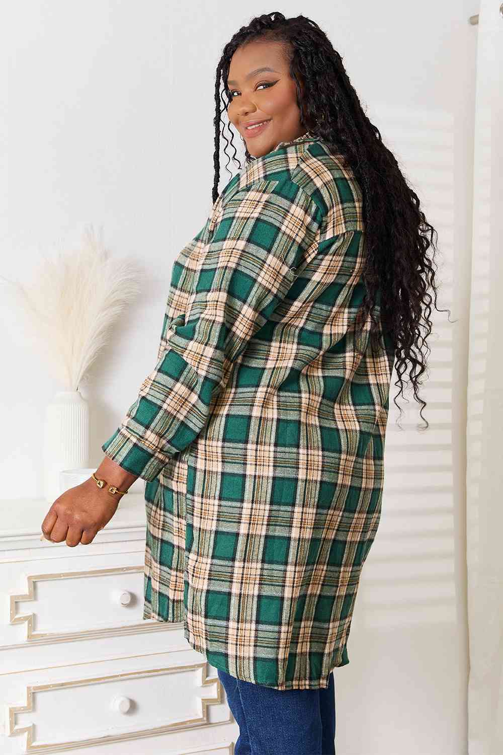 Double Take Plaid Collared Neck Long Sleeve Shirt Trandify deal