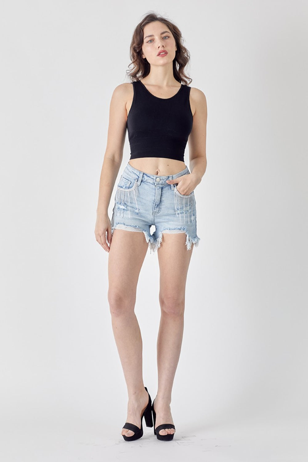 RISEN Frayed Hem Denim Shorts with Fringe Detail Pockets Trandify deal